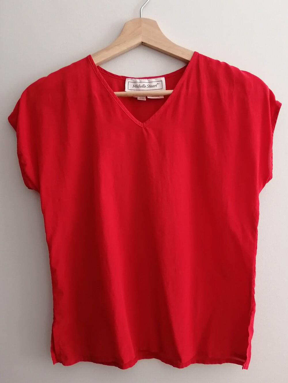 Vintage Silk T-shirt Blouse Red Short Cap Sleeve Small